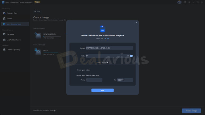 EaseUS data recovery disk image creation EaseUS Data Recovery Wizard Professional showing disk image creation window with options to choose file name, save location, image type, and byte-for-byte backup settings.