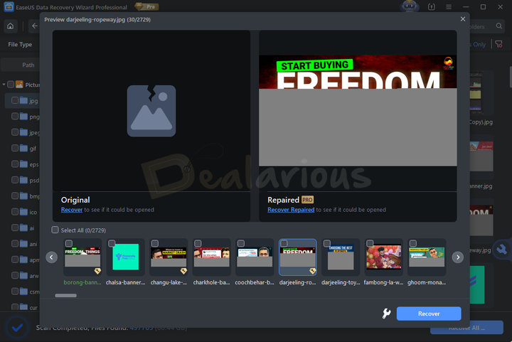 EaseUS data recovery partial file repair EaseUS Data Recovery Wizard showing file repair preview with original and repaired version comparison