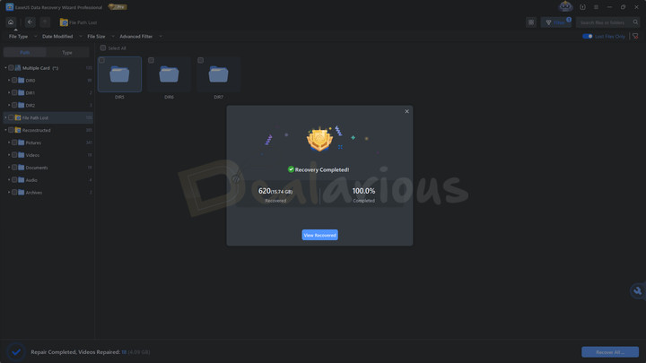 EaseUS data recovery successful recovery popup results EaseUS Data Recovery Wizard displaying recovery completed popup with total files recovered and completion status.