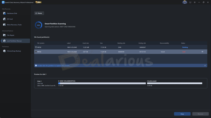 EaseUS lost partition recovery EaseUS Data Recovery Wizard Pro showing Smart Partition Scanning in progress, with detected partitions, file system details, recoverability status, and a disk preview layout for lost and existing partitions.