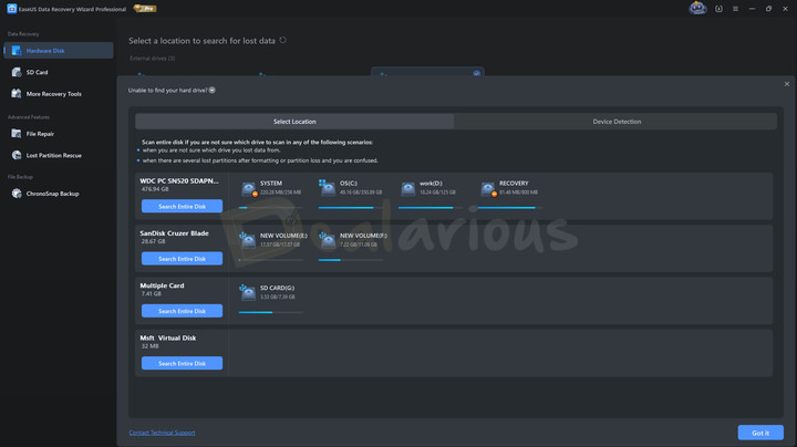 EaseUS unable to find hard drive option EaseUS Data Recovery Wizard Pro interface showing the “Unable to find your hard drive?” option to detect missing drives