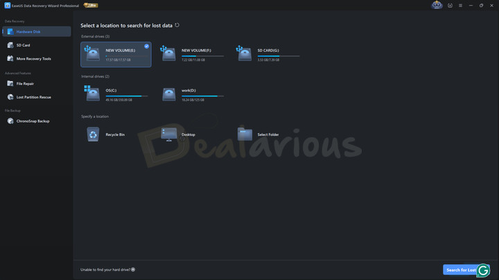 EaseUs data recovery main interface EaseUS Data Recovery Wizard Pro main interface displaying available internal and external drives, including partitions, storage usage, and options to scan locations like Recycle Bin, Desktop, or selected folders.