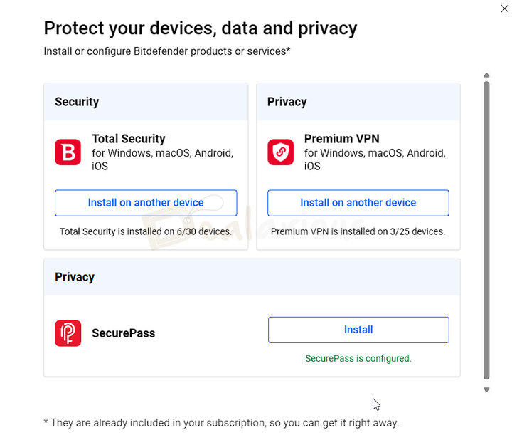 Installing bitdefender products Install Bitdefender Total Security on a new device via Bitdefender Central account interface.