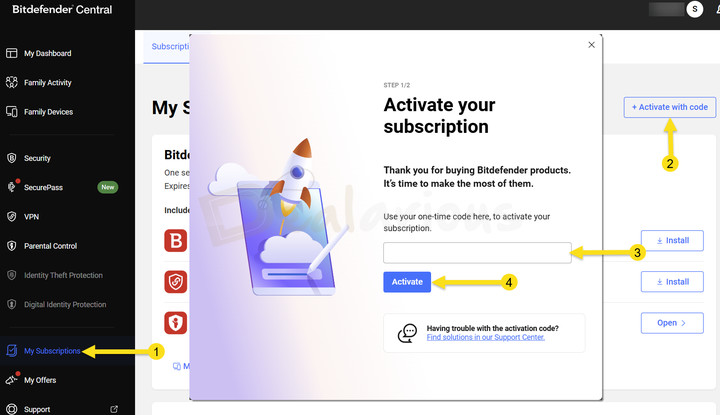 bitdefender-central-account-activate-subscription-enter-code Activate Bitdefender subscription in Central account by entering activation code and clicking activate.