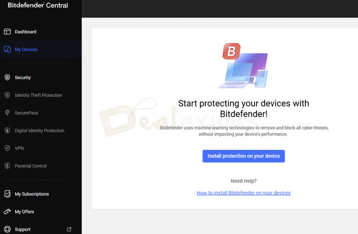 bitdefender-central-install-protection-dashboard Bitdefender Central dashboard showing installation section to protect devices with security and privacy tools.