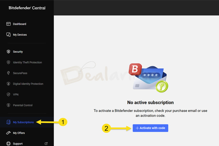 bitdefender-central-new-subscription-activate-with-code Bitdefender Central account showing no active subscription with option to activate using activation code.