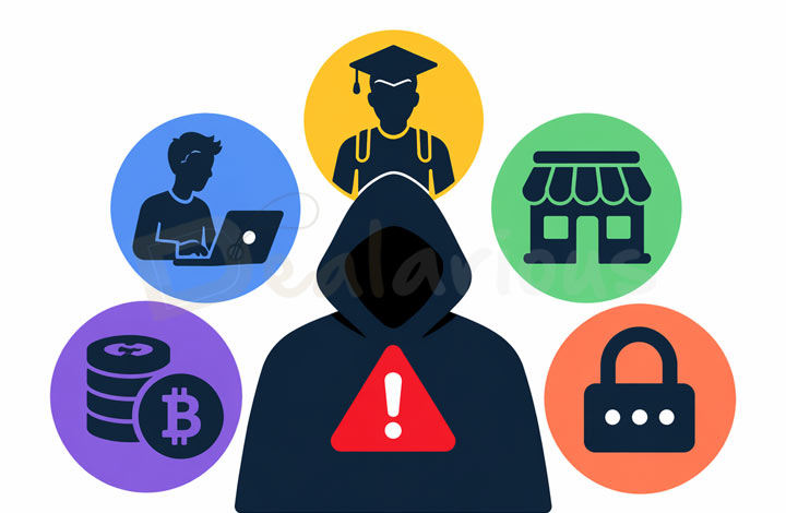 who-is-most-at-risk-of-pirated-software Image showing the people most at risk from pirated software, including students, freelancers, small businesses, crypto users, and people using cracked security tools.