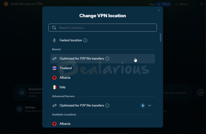Avast-SecureLine-VPN-Change-Location-Menu Avast SecureLine VPN location selection menu showing available servers and P2P optimized locations.