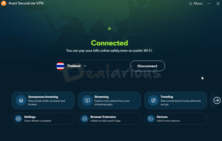 Avast SecureLine VPN Main Dashboard The Avast SecureLine VPN main dashboard displaying secure VPN connection to the Thailand server, along with quick action cards at the bottom.