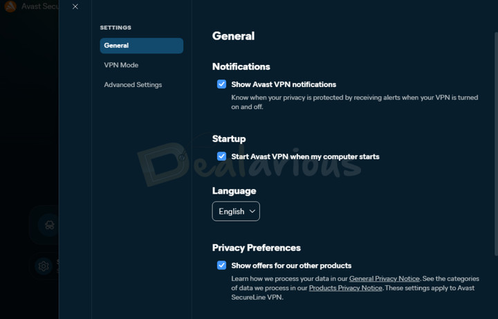 Avast SecureLine VPN Settings Avast SecureLine VPN Settings menu with the General tab open, showing notification controls, language selection, privacy preferences, and other VPN configuration options on the right.