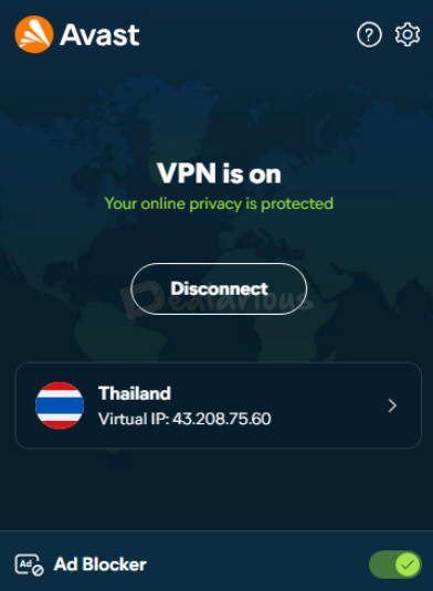 Avast VPN Browser Extension Avast SecureLine VPN browser extension with Ad Blocker enabled and secure connection to Thailand server.