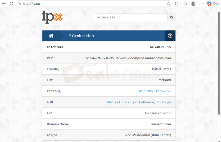 Avast-VPN-IP-Leak-Test-IPX IPX geolocation test showing Avast SecureLine VPN IP address, server location, and ISP details.