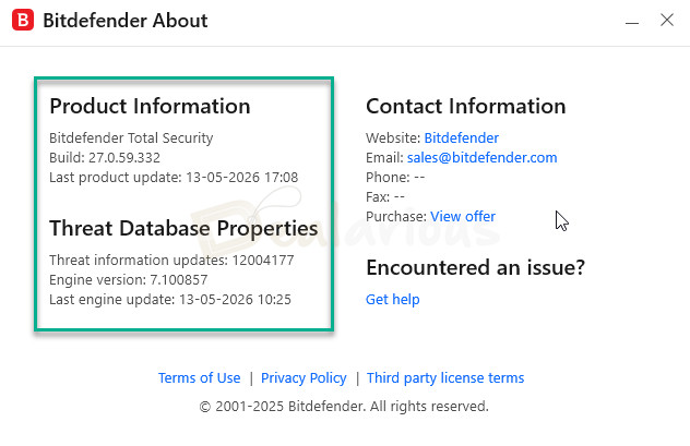 Bitdefender version and build check Bitdefender About window showing Total Security build version and threat database update details.