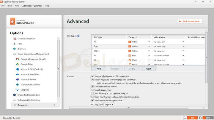Copernic Desktop Search File Formats Copernic Desktop Search Advanced Settings panel showing file type options and checkbox-based advanced options for customization.