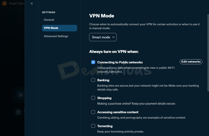 VPN Mode Avast SecureLine VPN VPN Mode menu showing options for Smart mode.