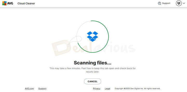 avg-cloud-cleaner-dropbox-scan.png AVG Cloud Cleaner scanning files stored in Dropbox for unnecessary data.