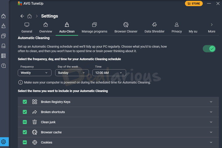 avg-tuneup-automatic-cleaning-settings.png AVG TuneUp Automatic Cleaning settings showing options to set cleanup frequency and customize cleanup items for routine cleanup.