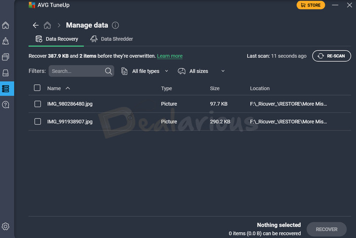 avg-tuneup-data-recovery-scan-results Displaying recoverable deleted files found during a scan, including file names, sizes, locations, and recovery options.