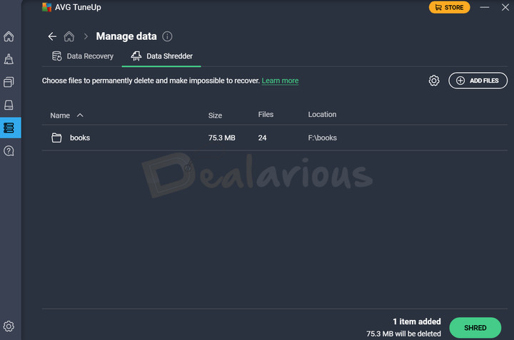 avg-tuneup-data-shredder Data Shredder tool displaying selected folders ready for secure deletion.