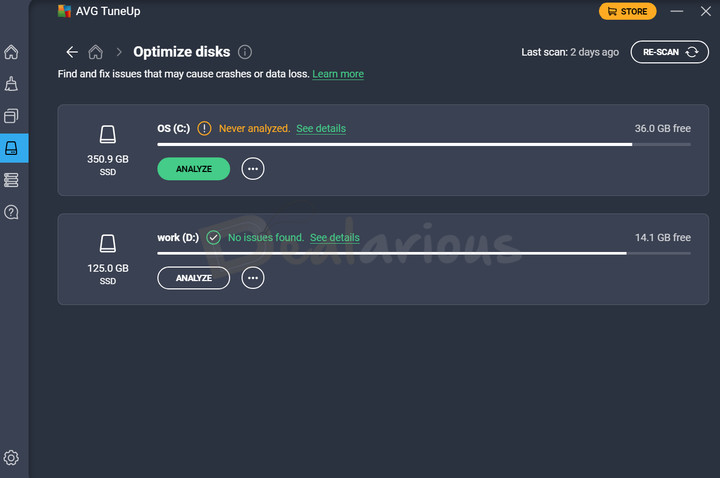 avg-tuneup-optimize-disks Disk optimization results showing no issues on the D drive and the C drive marked as never analyzed.