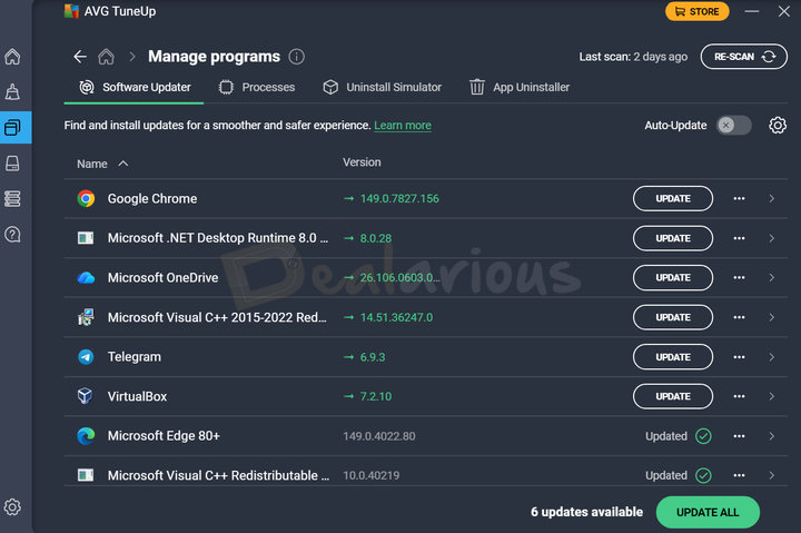avg-tuneup-software-updater AVG TuneUp Software Updater listing applications with available updates and an Update All option.