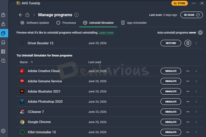 avg-tuneup-uninstall-simulator Uninstall Simulator previewing the effects of uninstalling applications with options to restore or permanently uninstall the application.