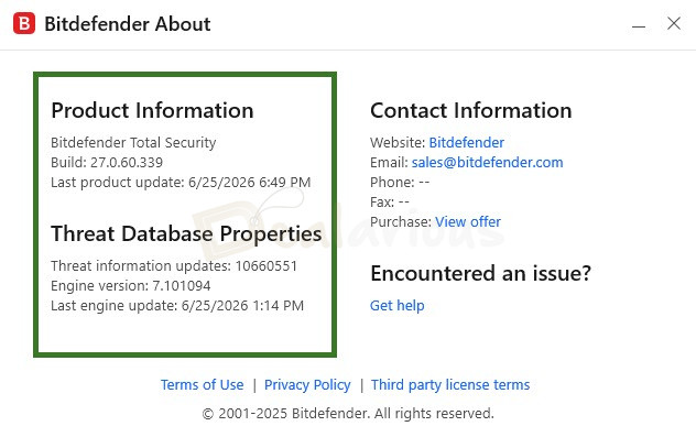 bitdefender-version-and-build-check Bitdefender About window showing Total Security build version and threat database update details.
