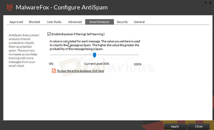 malwarefox-antispam-bayesian-filter-settings MalwareFox Anti-Spam settings screen showing Bayesian filtering enabled and the spam sensitivity slider set to 50%.