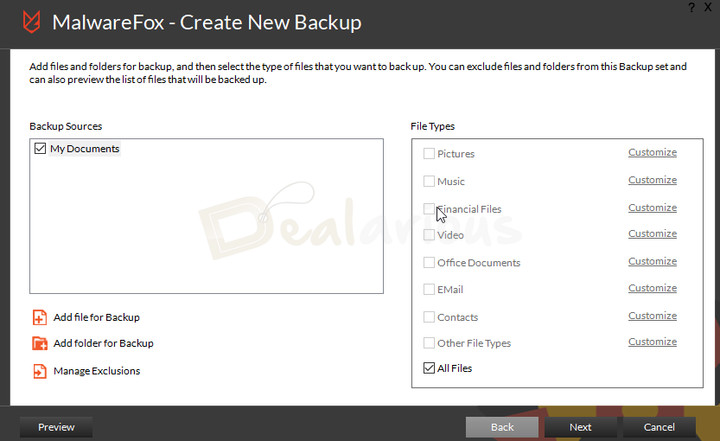 malwarefox-backup-feature Backup settings showing backup source selection, file type filters, exclusion options, and folder backup configuration.