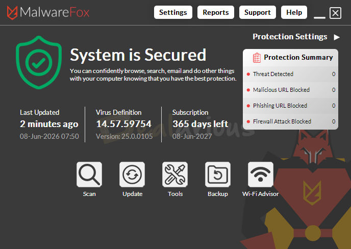 malwarefox-dashboard MalwareFox dashboard showing device security status, virus definition version, license details, protection summary, and quick access to scan, update, tools, backup, and Wi-Fi Advisor features.