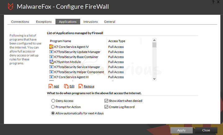 malwarefox-firewall-appication-control-settings MalwareFox Firewall settings displaying a list of applications managed by the firewall with options to manage access settings.