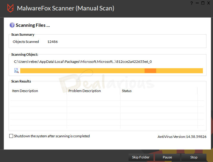 malwarefox-manual-scan-progress MalwareFox manual scan in progress, displaying scanned files, scan progress, current file being analyzed, and detected threats in real time.