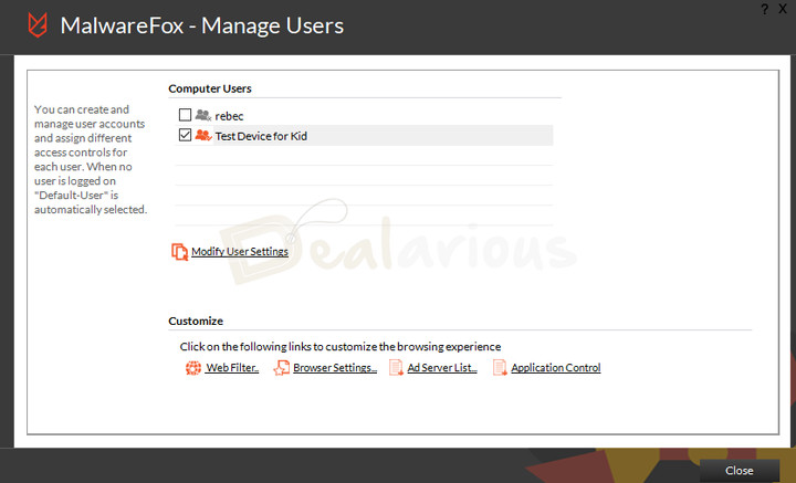 malwarefox-parental-control Parental Control user management interface with options to manage user accounts, web filtering, browser settings, and application controls.