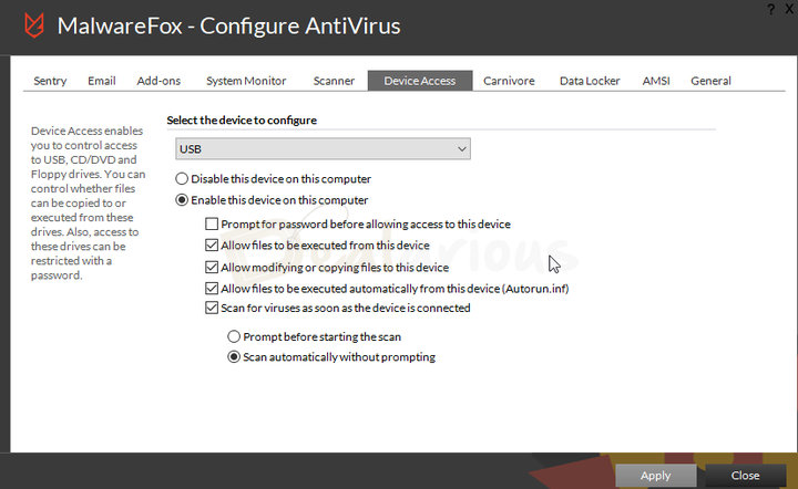 malwarefox-usb-device-access-control MalwareFox Device Control settings showing security configuration options for portable devices.