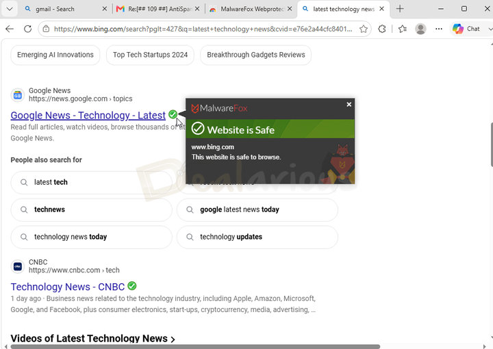 malwarefox-web-protection-safe-website-alert MalwareFox Web Protection browser extension showing a safe website status notification within search engine results.