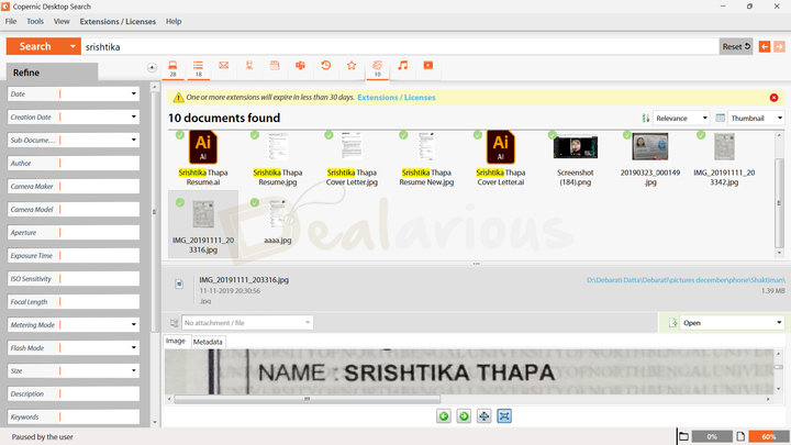 Image Text Recognition OCR Copernic Desktop & Cloud Search displays search results where the same keyword is detected and highlighted within image content.