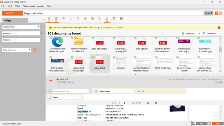 Indexed File Search Results Copernic Desktop & Cloud Search showing search results for a keyword query, with document previews highlighting the matching keyword within the file contents.