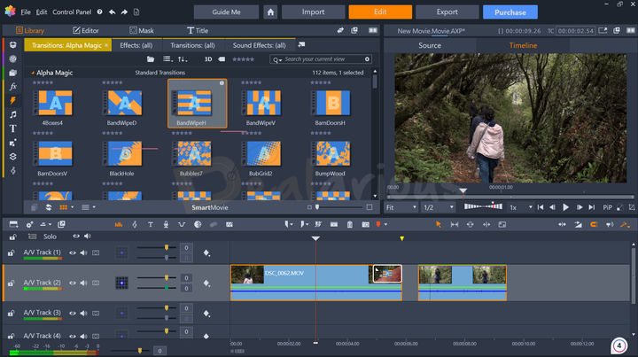 Pinnacle-Studio-video-editor-interface Screenshot of Pinnacle Studio with the timeline, transitions panel, and video preview window.
