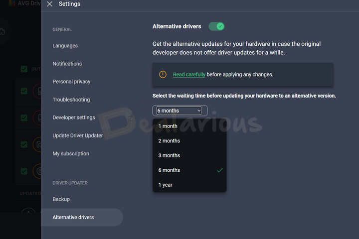 avg-driver-updater-alternative-driver-settings Alternative drivers settings with options to configure the waiting period before installing alternate driver updates.
