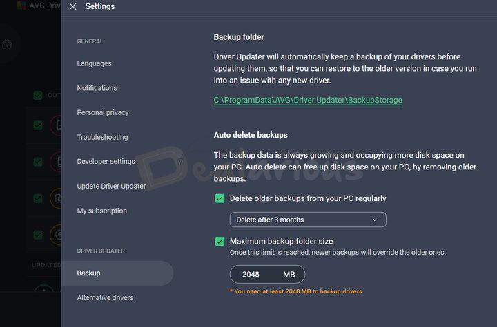 avg-driver-updater-backup-settings AVG Driver Updater backup settings showing the backup folder location, automatic backup deletion options, and maximum backup folder size settings.