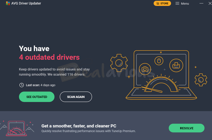 avg-driver-updater-main-dashboard-outdated-drivers-overview AVG Driver Updater main dashboard displaying the number of scanned drivers, outdated drivers, the last scan date, and Scan Again and See Outdated options.