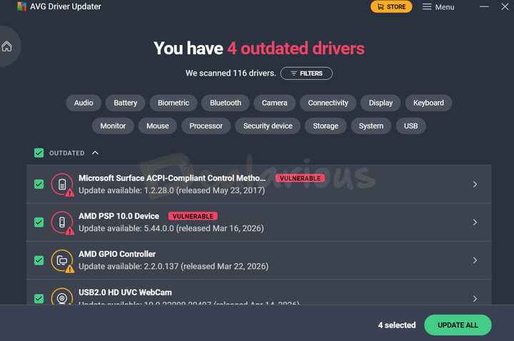 avg-driver-updater-outdated-drivers-results-dashboard AVG Driver Updater results dashboard listing outdated drivers with category filters and Update All option.