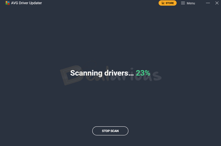 avg-driver-updater-scanning-for-outdated-driver AVG Driver Updater scanning the PC for outdated drivers with a real-time progress indicator.