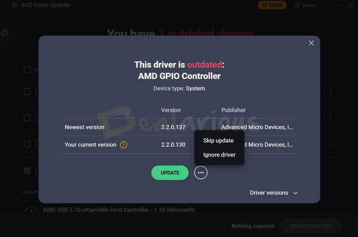 avg-driver-updater-skip-or-ignore-driver-options Options to update, skip, or ignore an outdated driver.