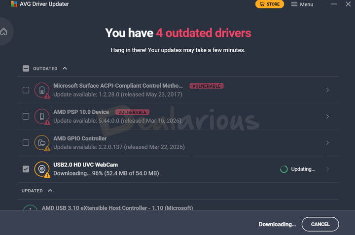 avg-driver-updater-updating-driver AVG Driver Updater downloading and installing an updated driver with download progress and update status.