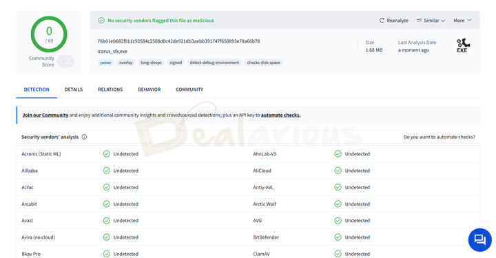 avg-driver-updater-virustotal-scan-result VirusTotal scan result showing the AVG Driver Updater installer with no security vendors detecting the file as malicious.