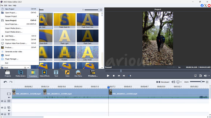 avs-video-editor-interface-timeline-editing AVS Video Editor interface showing the timeline, transitions panel, video preview, and editing workspace for beginner video editing.