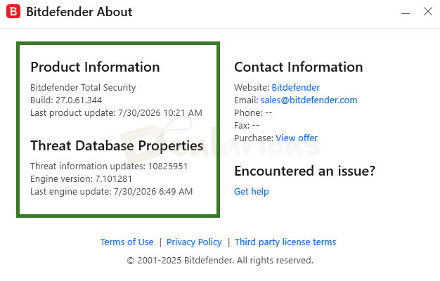 bitdefender-version-and-build-check Bitdefender About window showing Total Security build version and threat database update details.