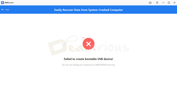 bootable-usb-creation-failed-in-myrecover MyRecover displaying "Failed to create bootable USB device" error