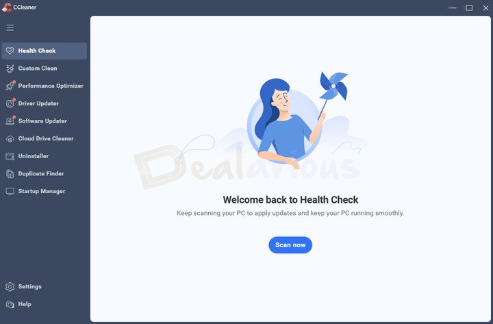 ccleaner-7-dashboard CCleaner Health Check dashboard with Scan now button for PC optimization and maintenance.